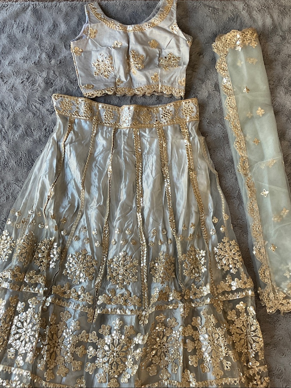 Elegant Pale Sage Embroidered Lehenga Set with Gold Accents
